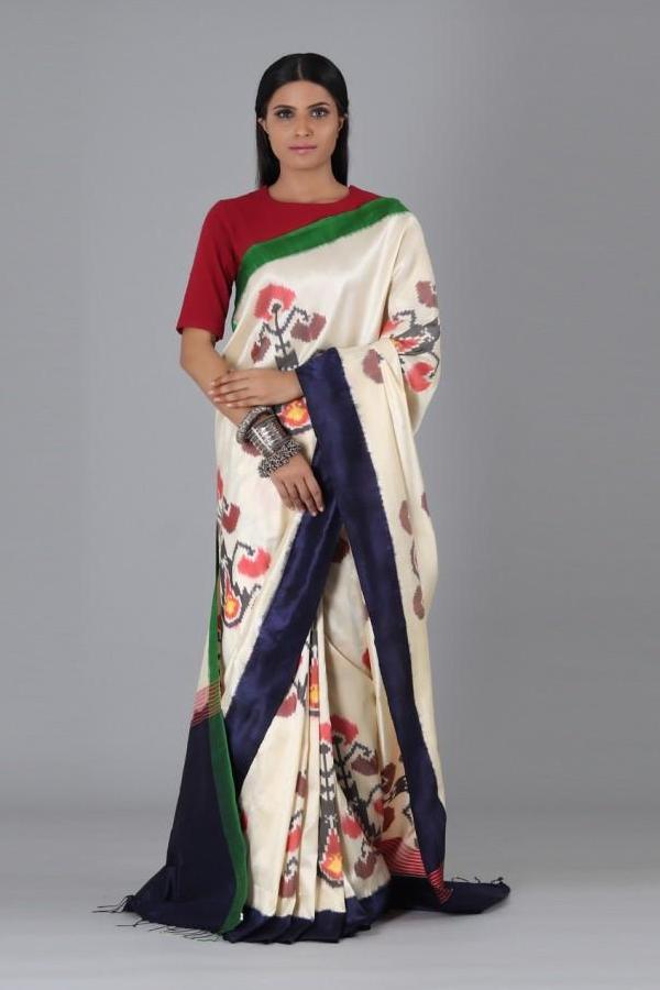 Off White Flower Uzbek Silk Saree