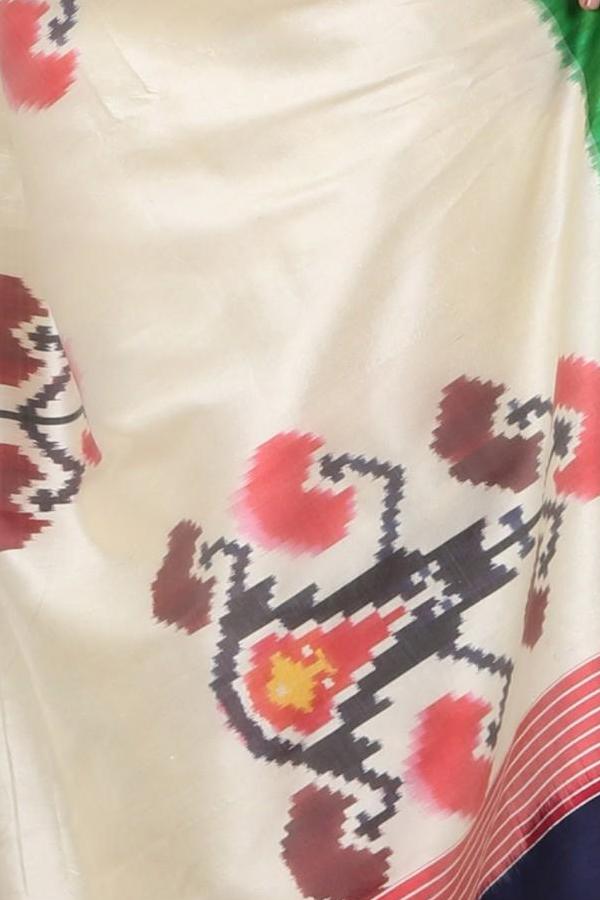 Off White Flower Uzbek Silk Saree