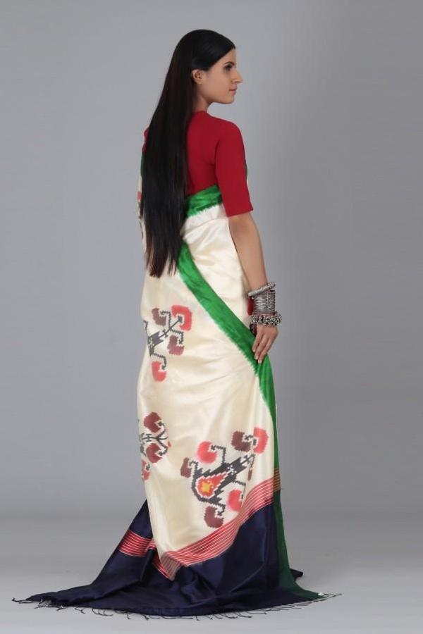 Off White Flower Uzbek Silk Saree