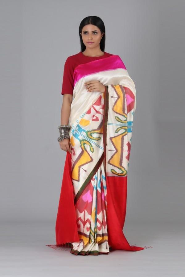 Off White Pink Heart Silk Saree