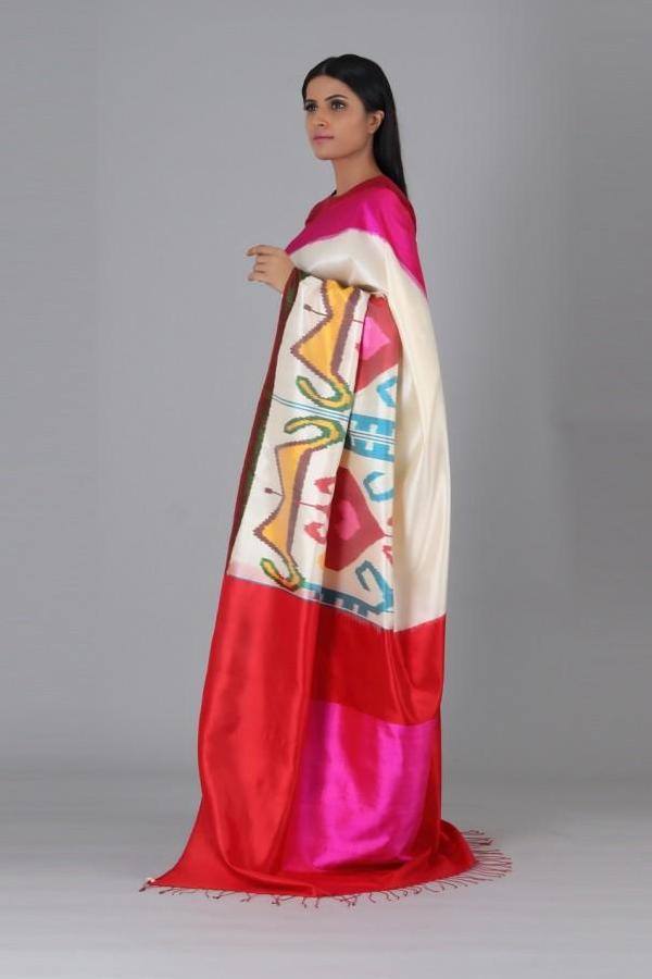 Off White Pink Heart Silk Saree