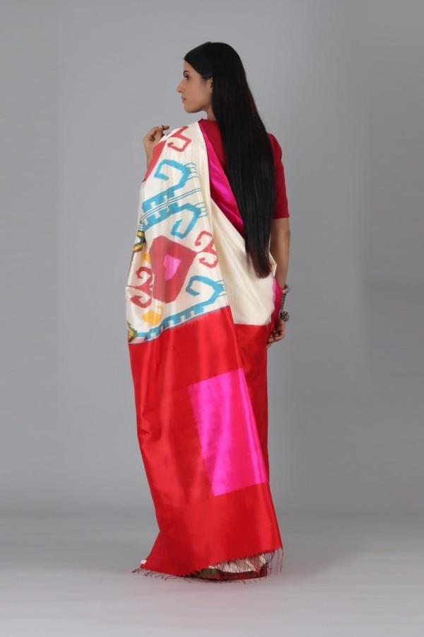 Off White Pink Heart Silk Saree