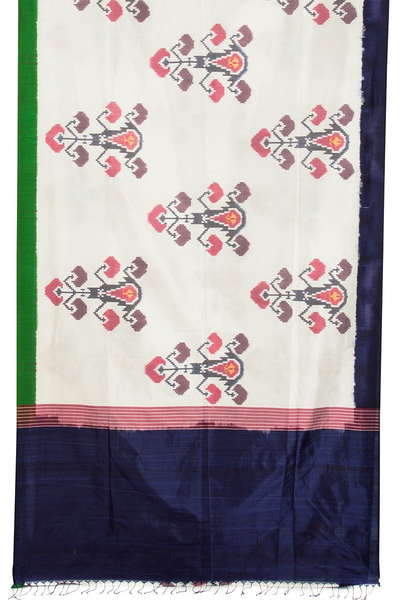 Off White Flower Uzbek Silk Saree