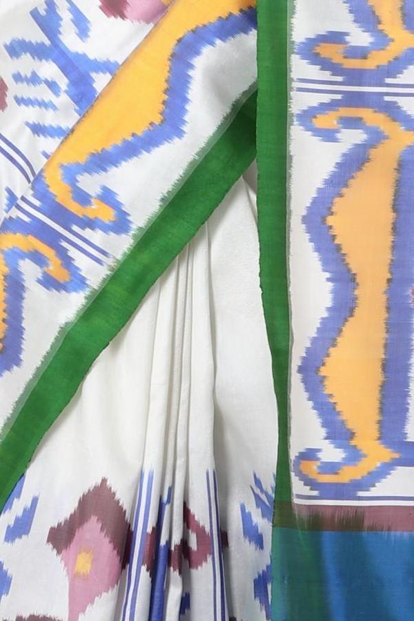 White Uzbek Border Silk Saree