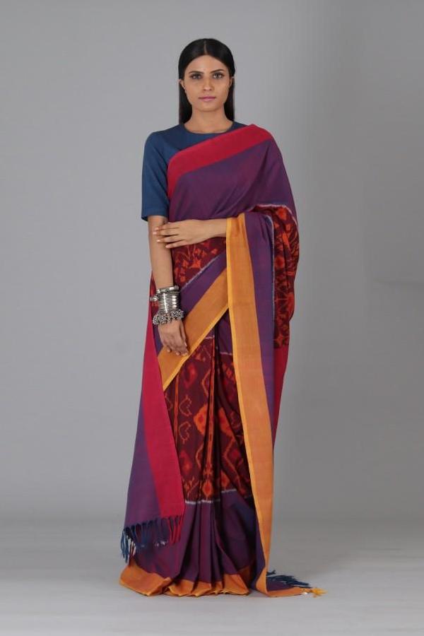 Purple Red Ikat Cotton Saree