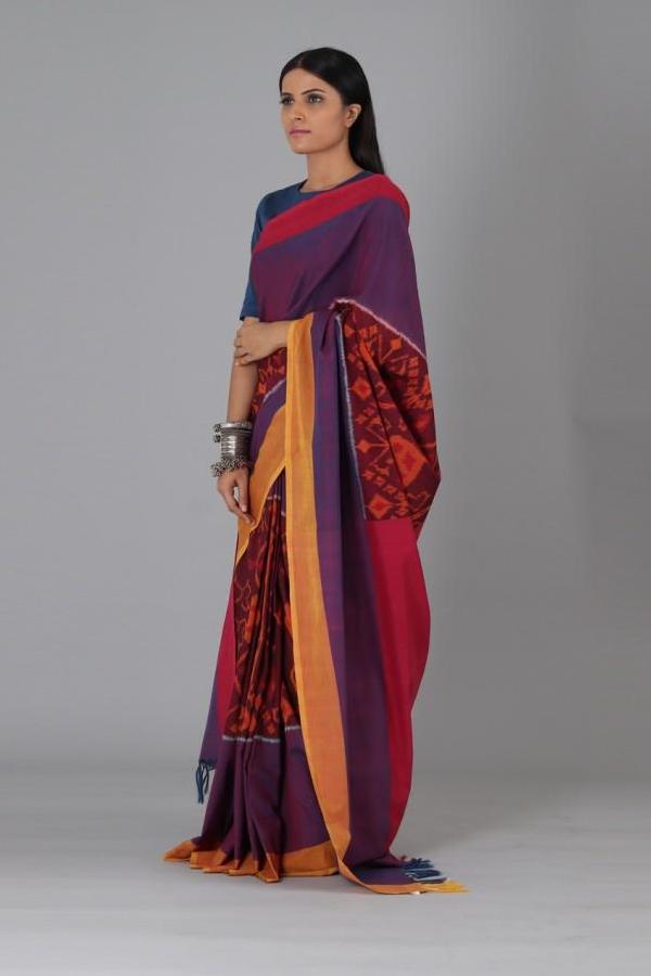 Purple Red Ikat Cotton Saree