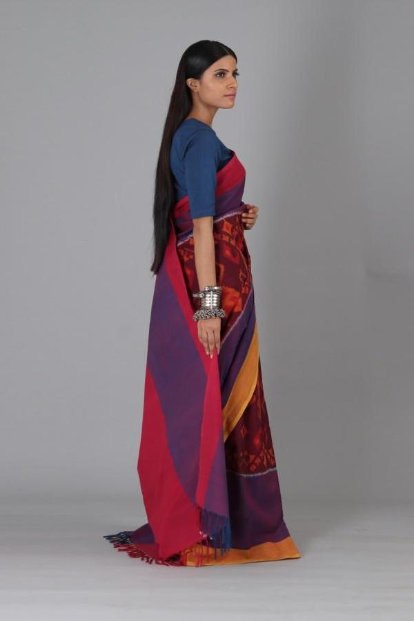 Purple Red Ikat Cotton Saree