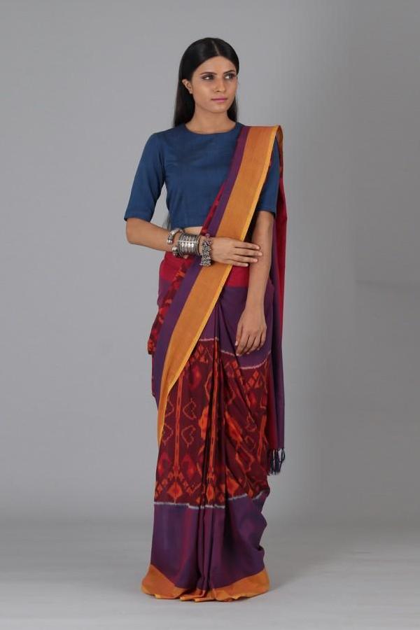Purple Red Ikat Cotton Saree
