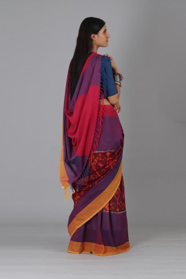 Purple Red Ikat Cotton Saree