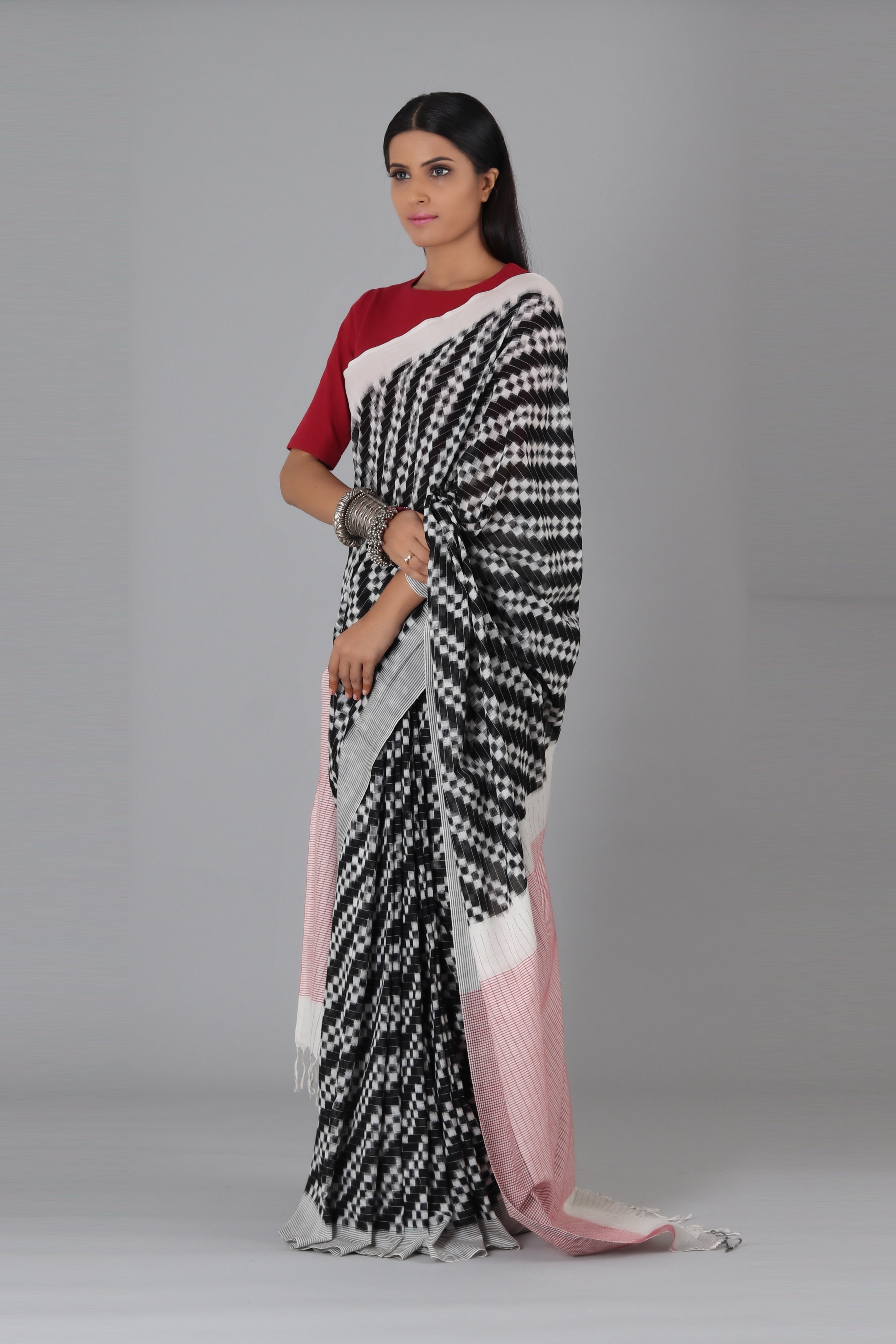 Black Double Ikat Cotton Saree