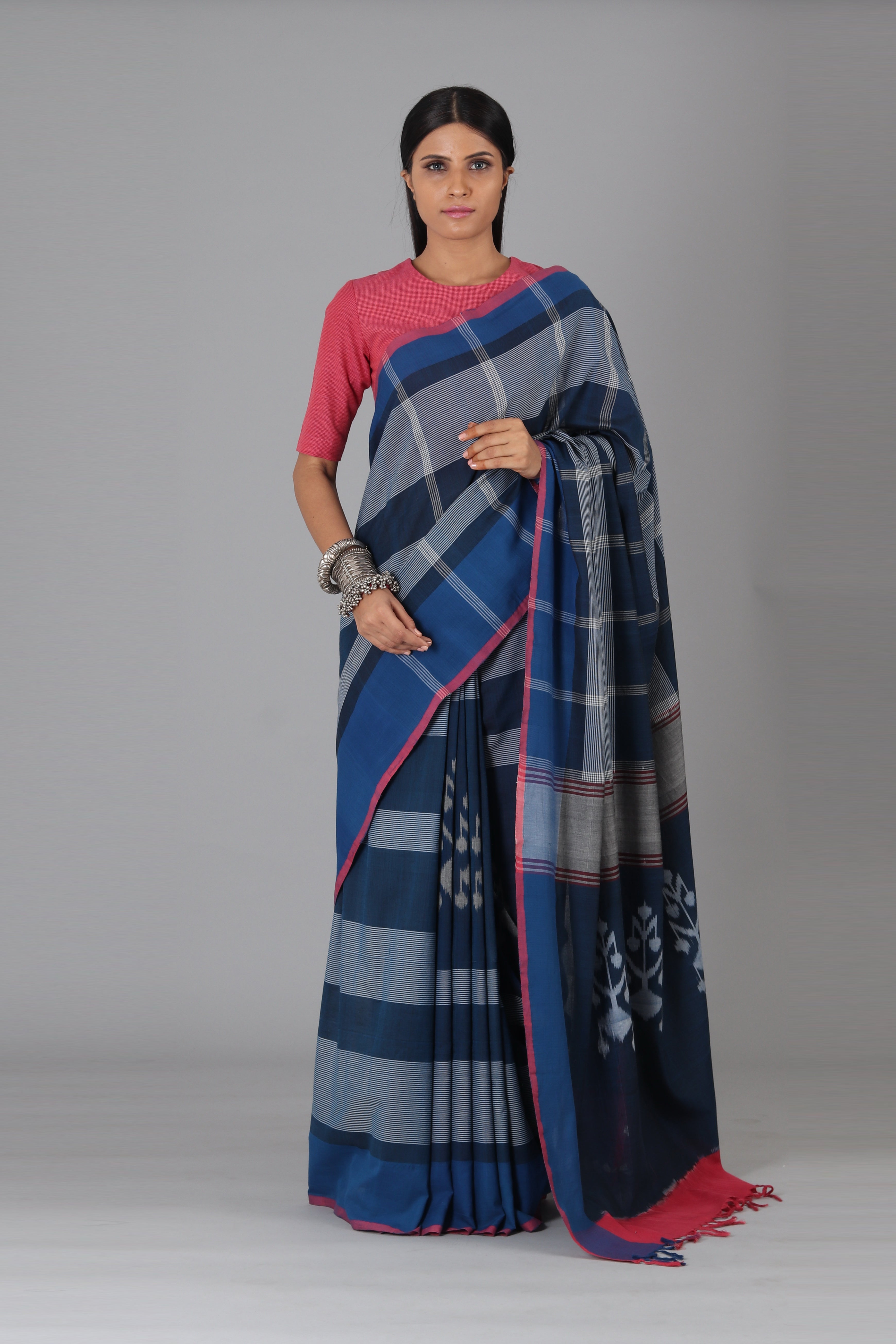 Blue Flower Cotton Saree