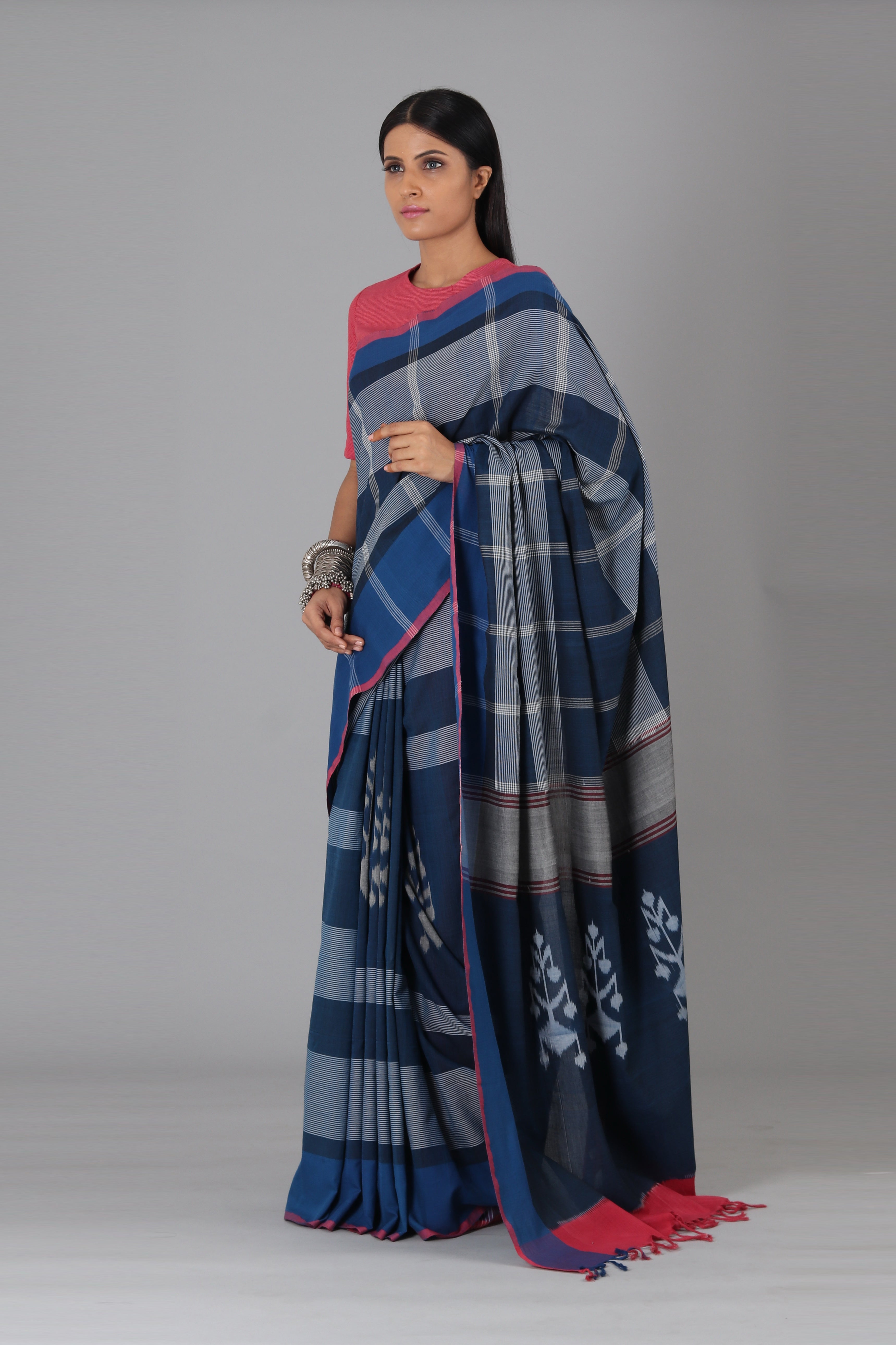 Blue Flower Cotton Saree