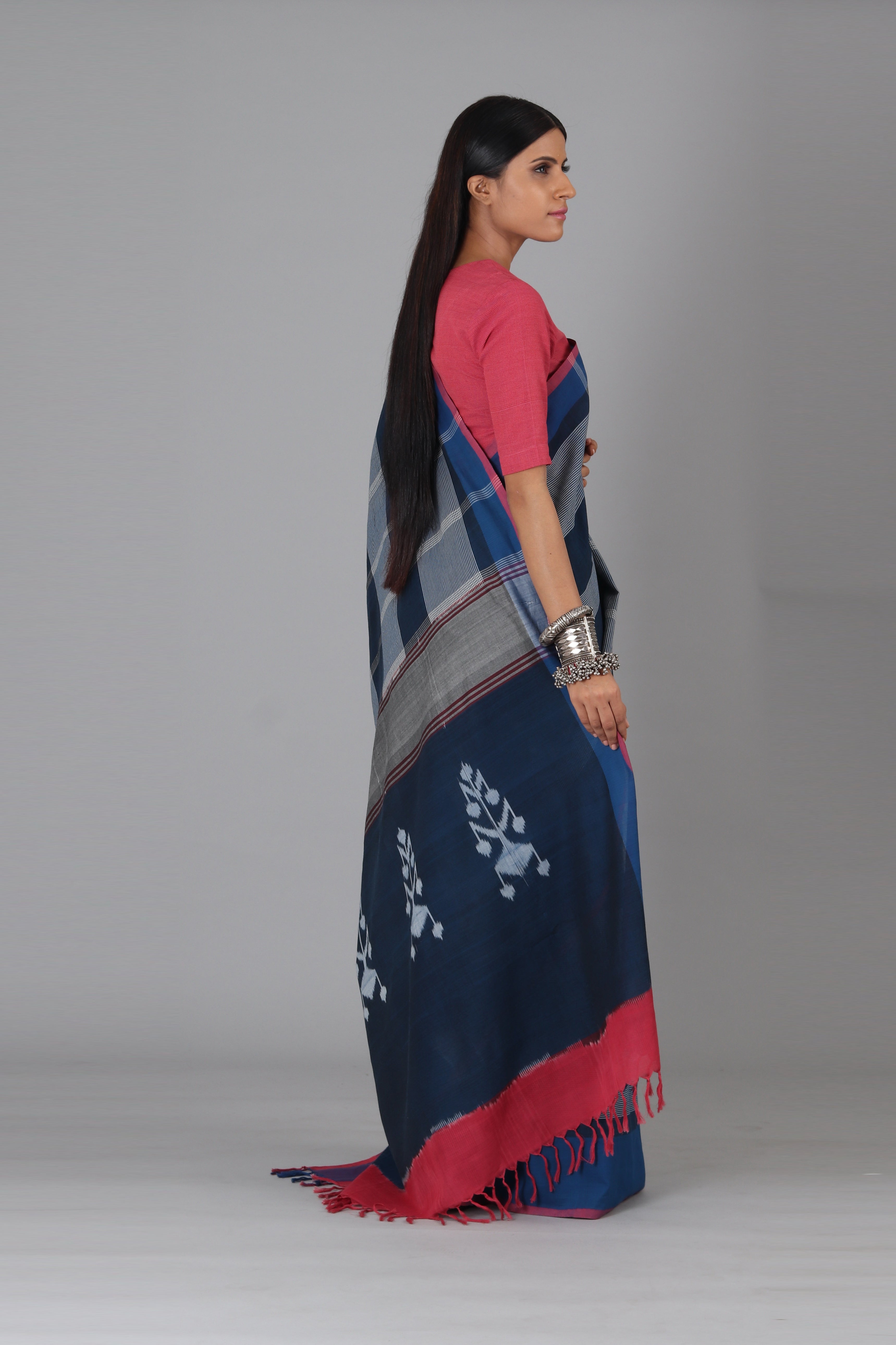 Blue Flower Cotton Saree