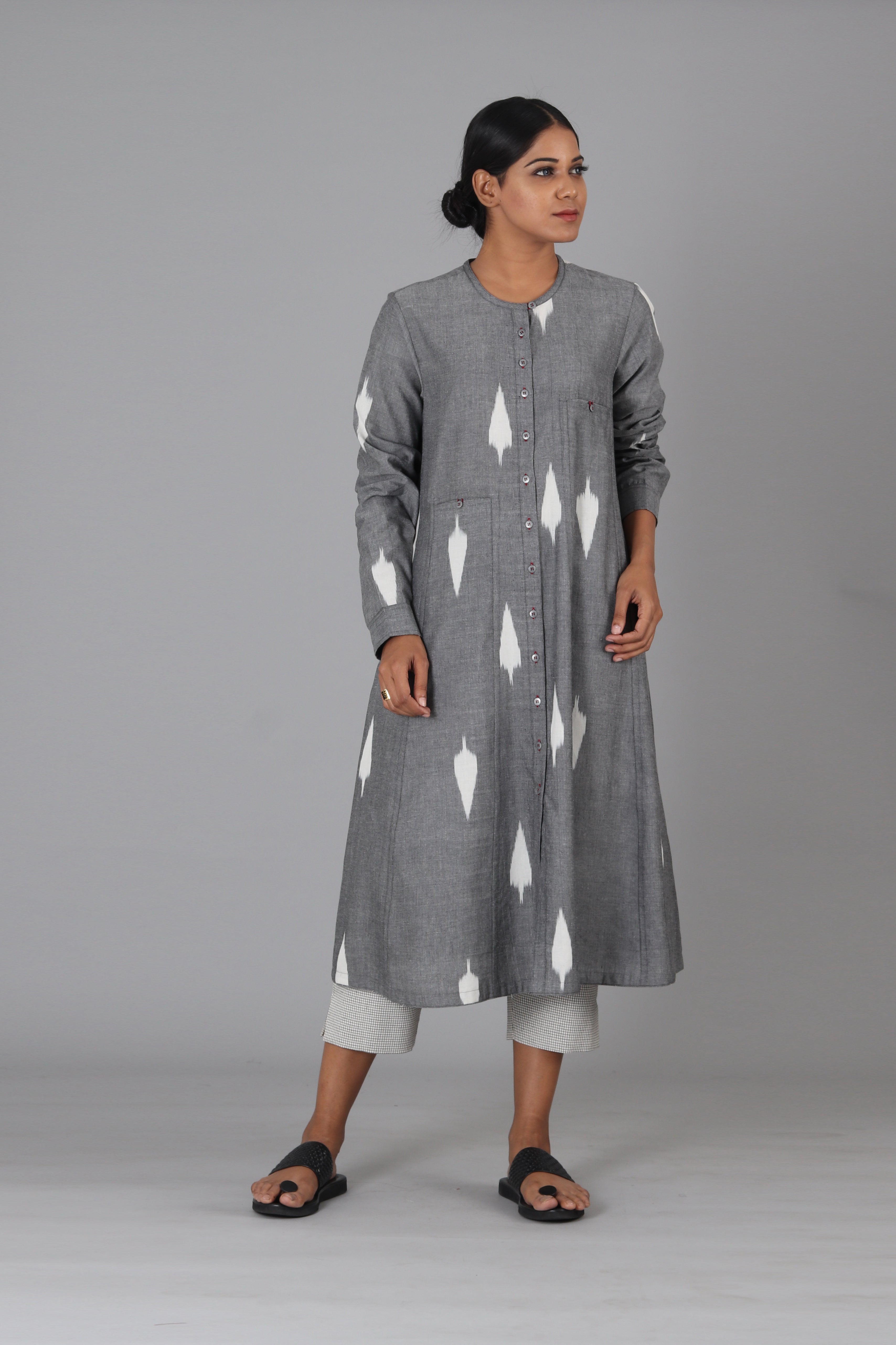 Grey Leaf Button Down Kurta