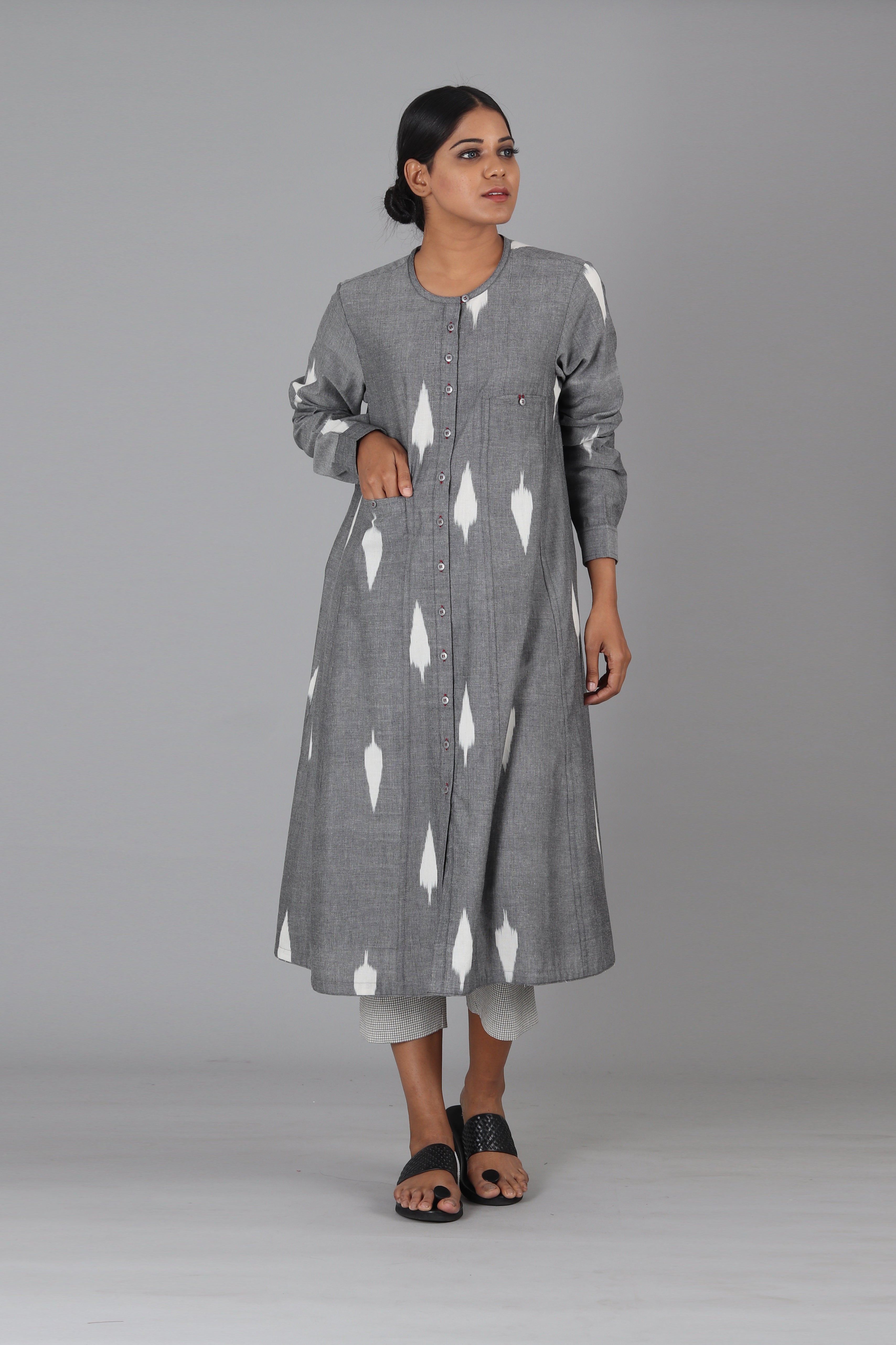 Grey Leaf Button Down Kurta