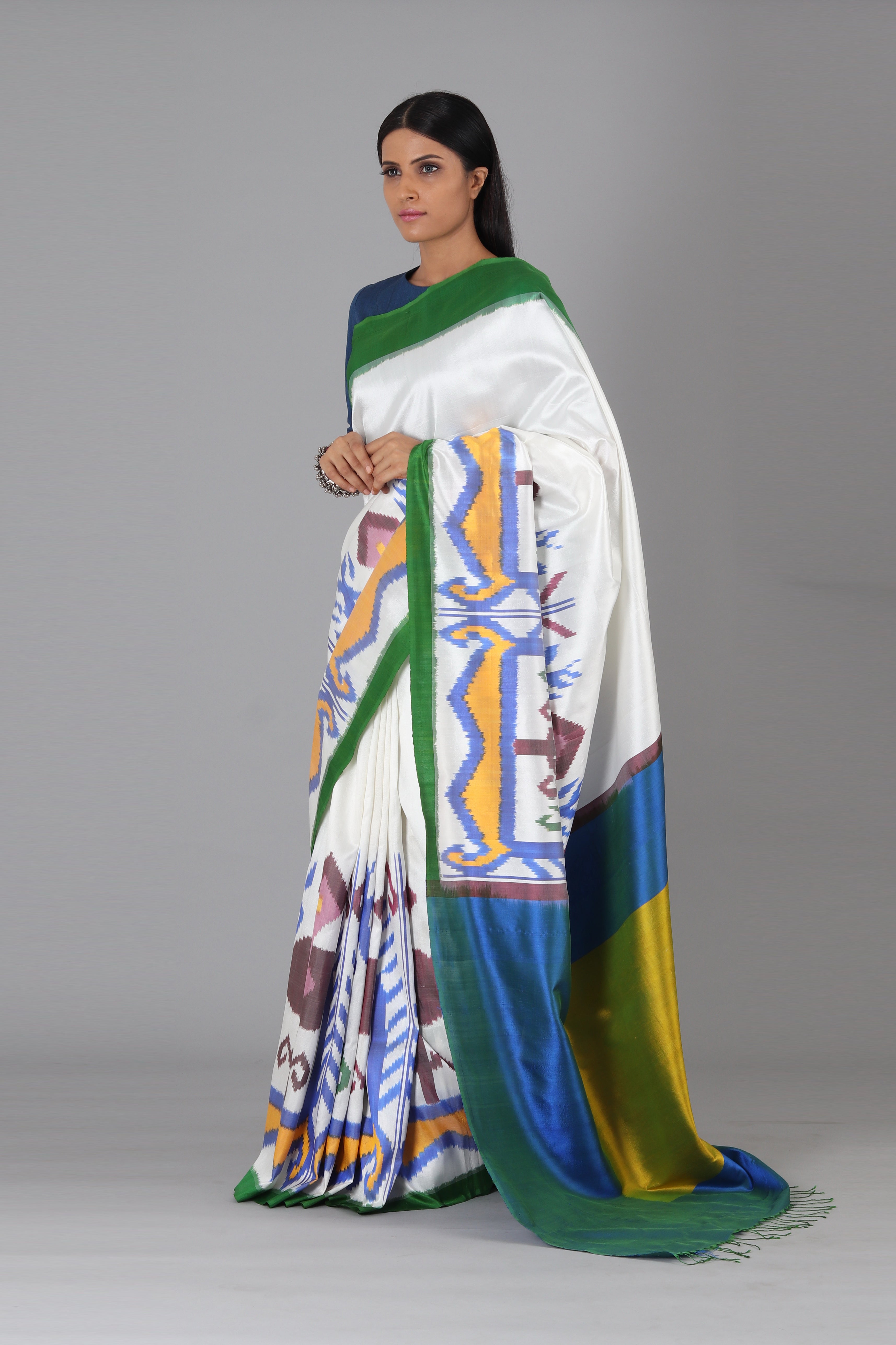 White Uzbek Border Silk Saree