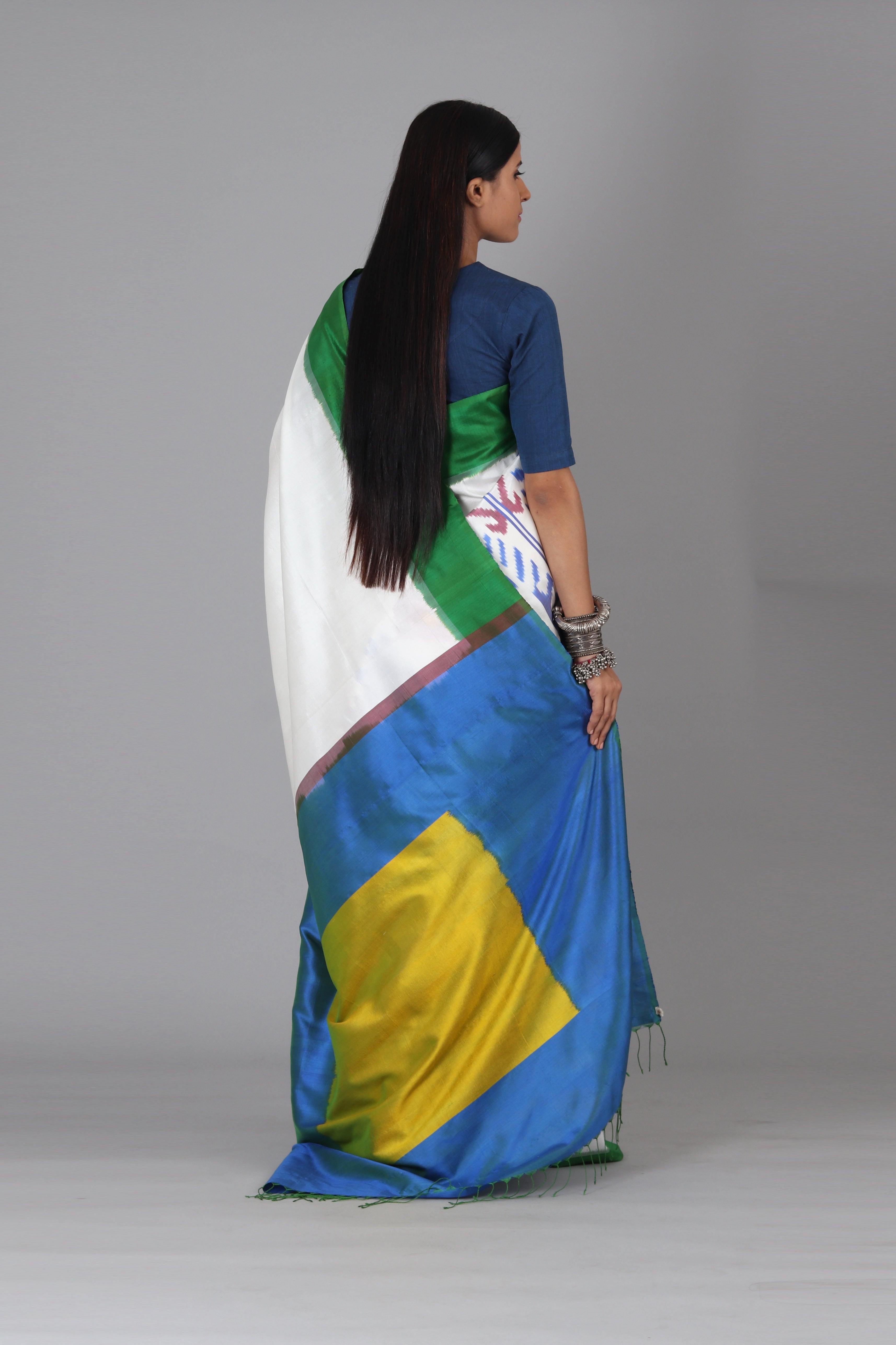 White Uzbek Border Silk Saree