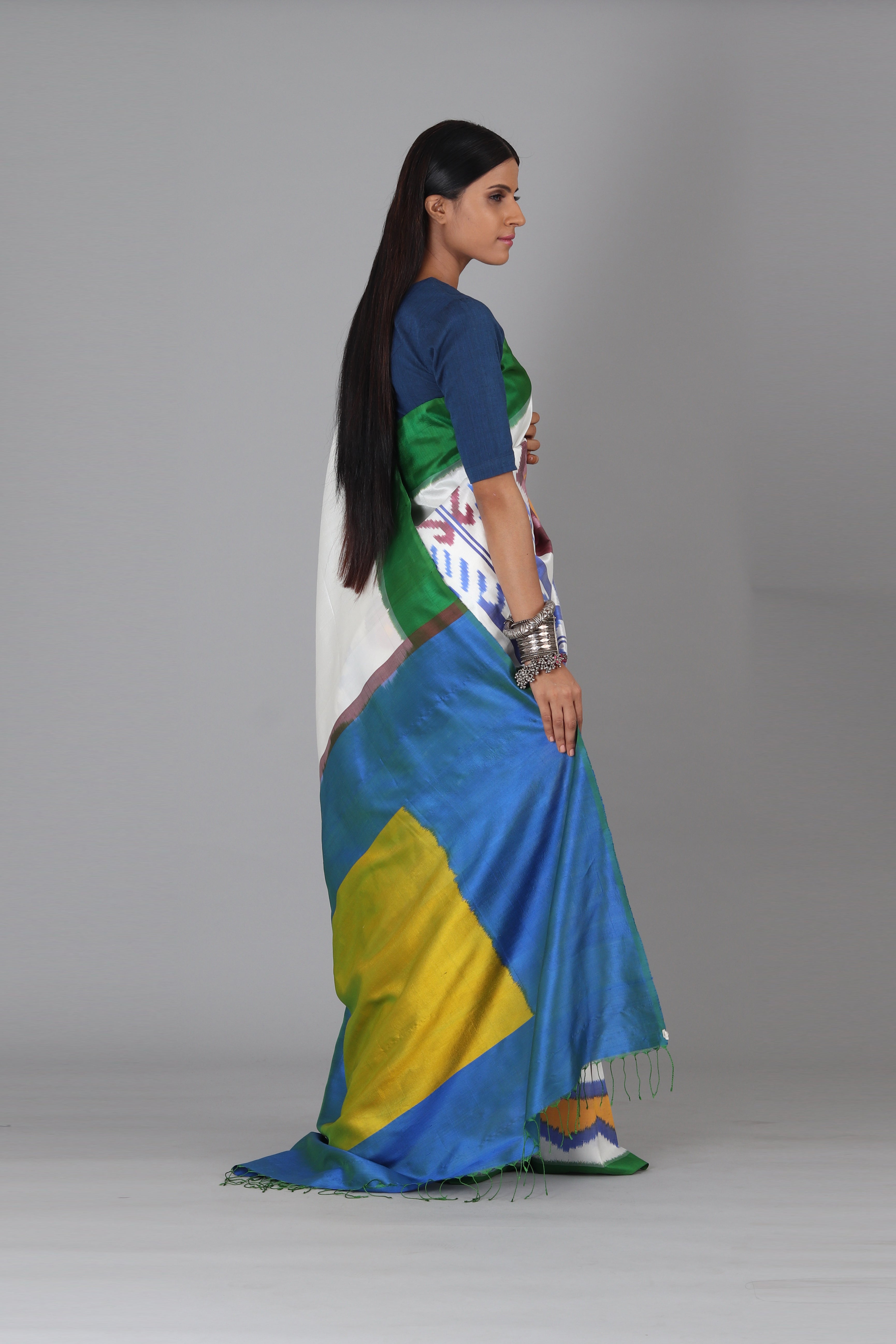White Uzbek Border Silk Saree