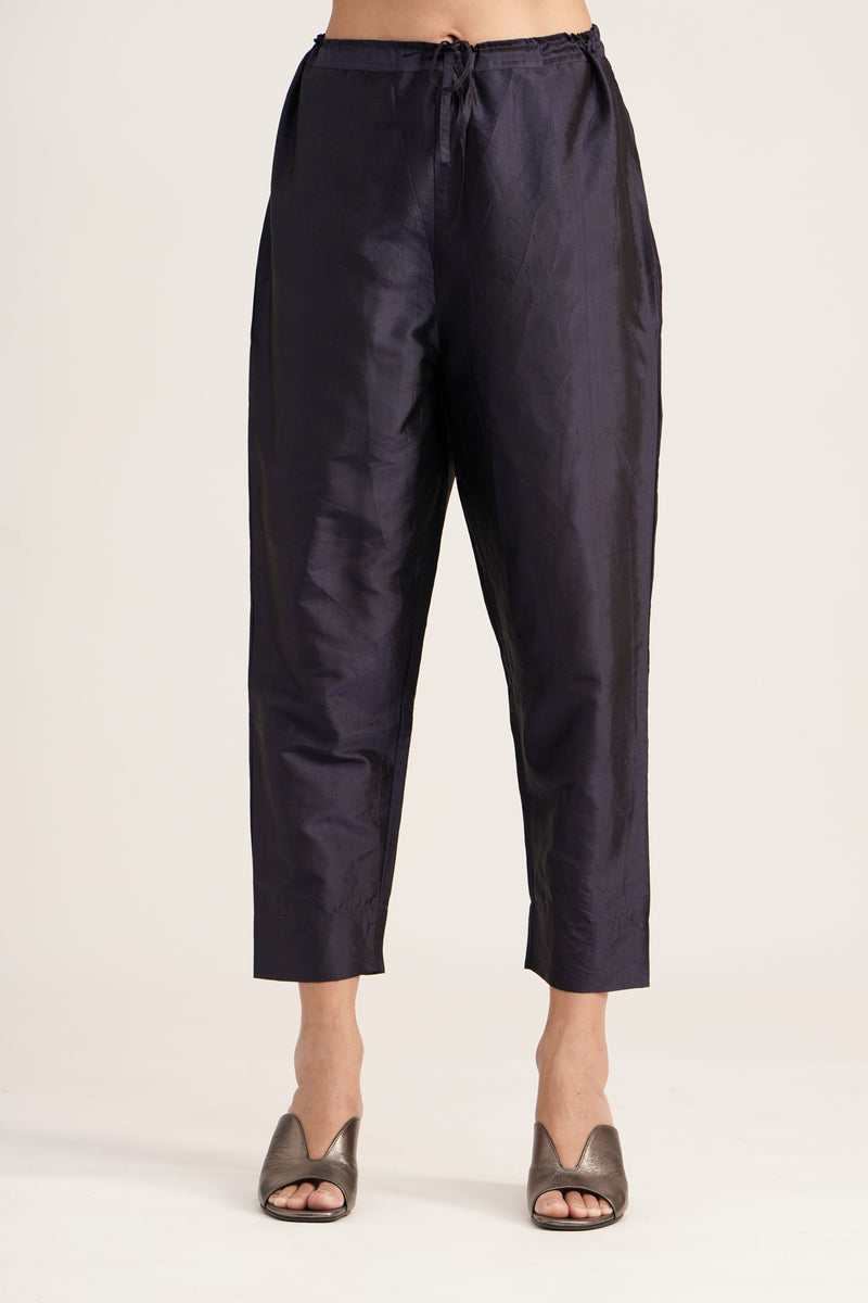 BLUE SILK STRAIGHT PANTS