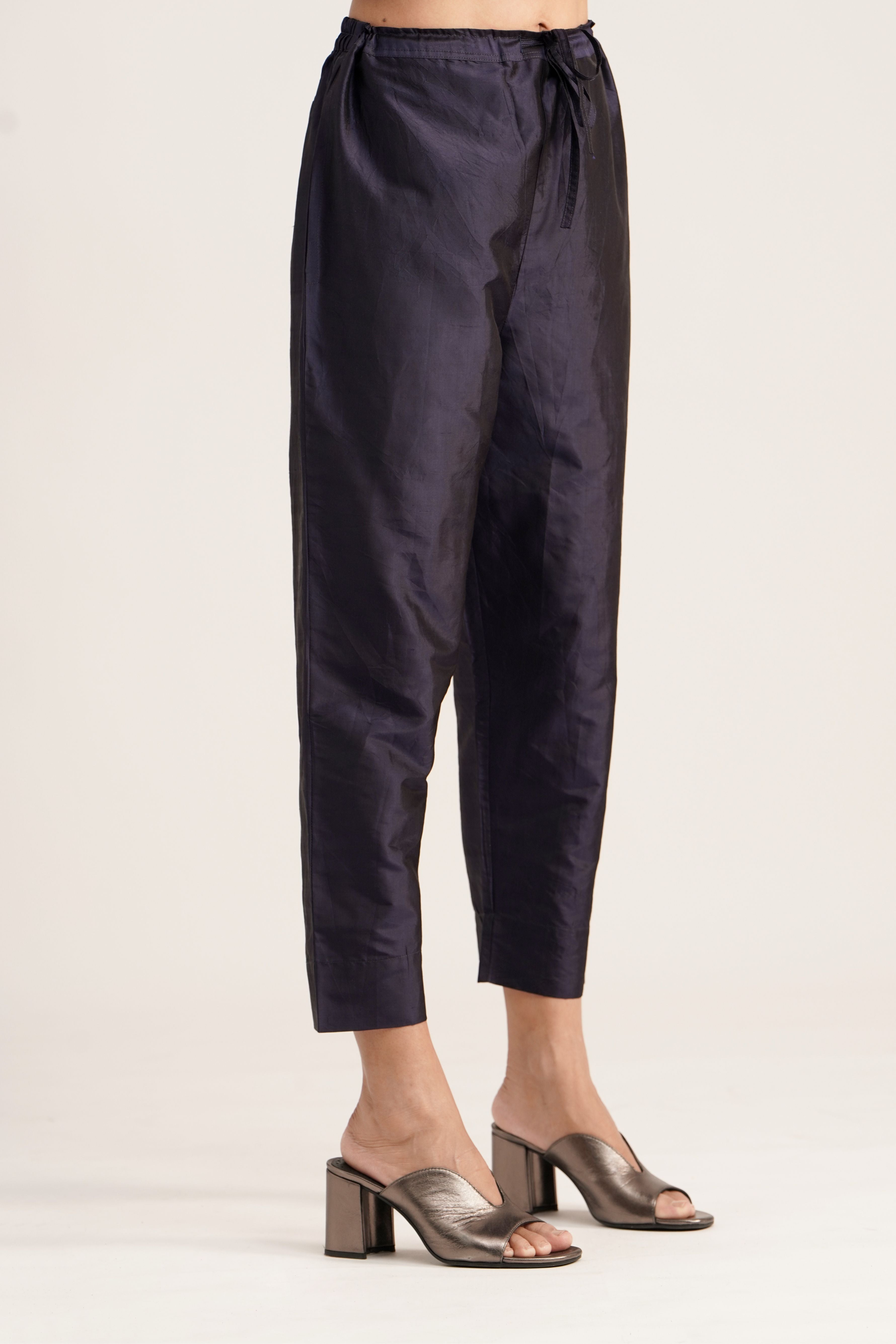 BLUE SILK STRAIGHT PANTS