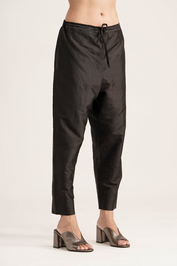 BLACK SILK STRAIGHT PANTS