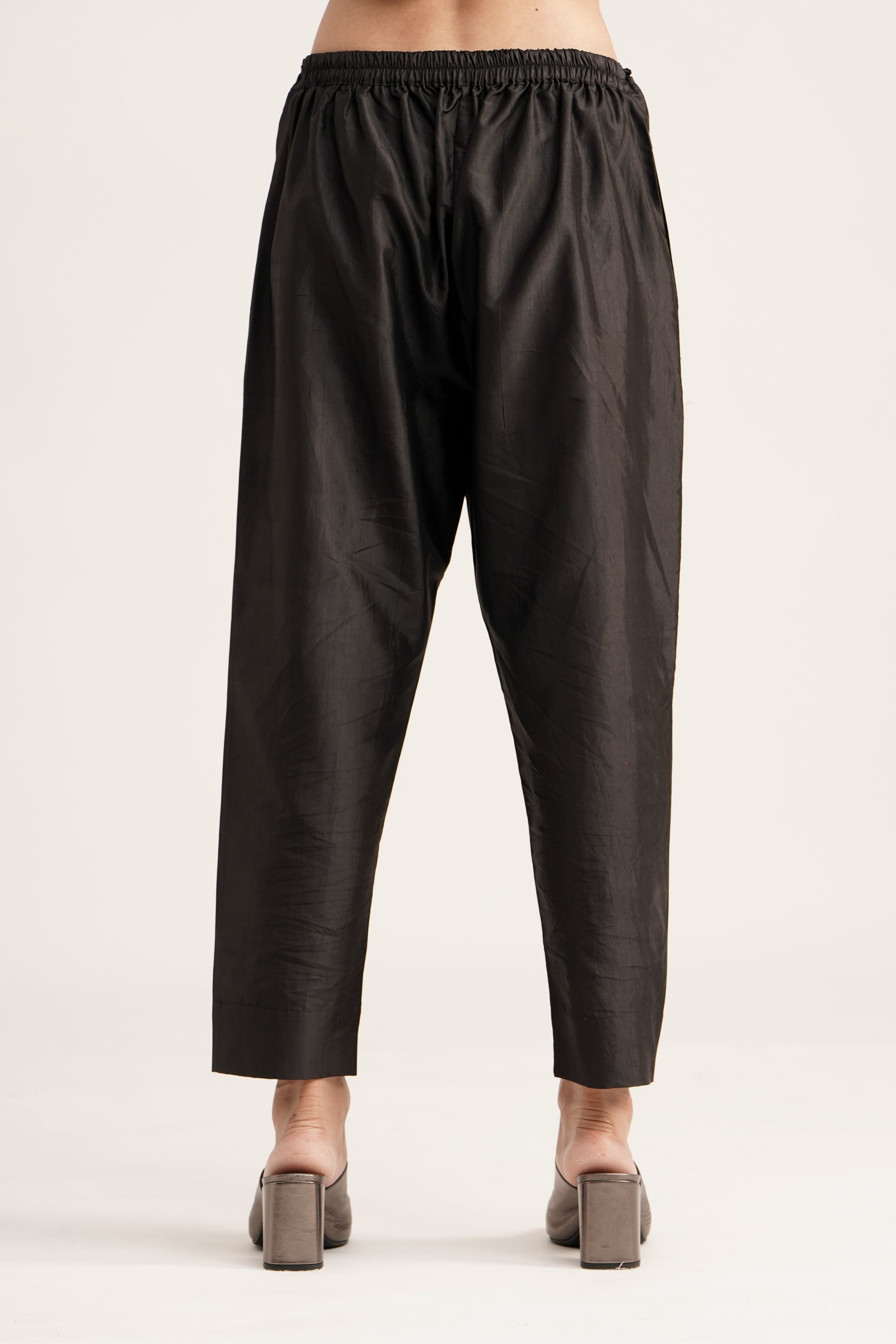 BLACK SILK STRAIGHT PANTS