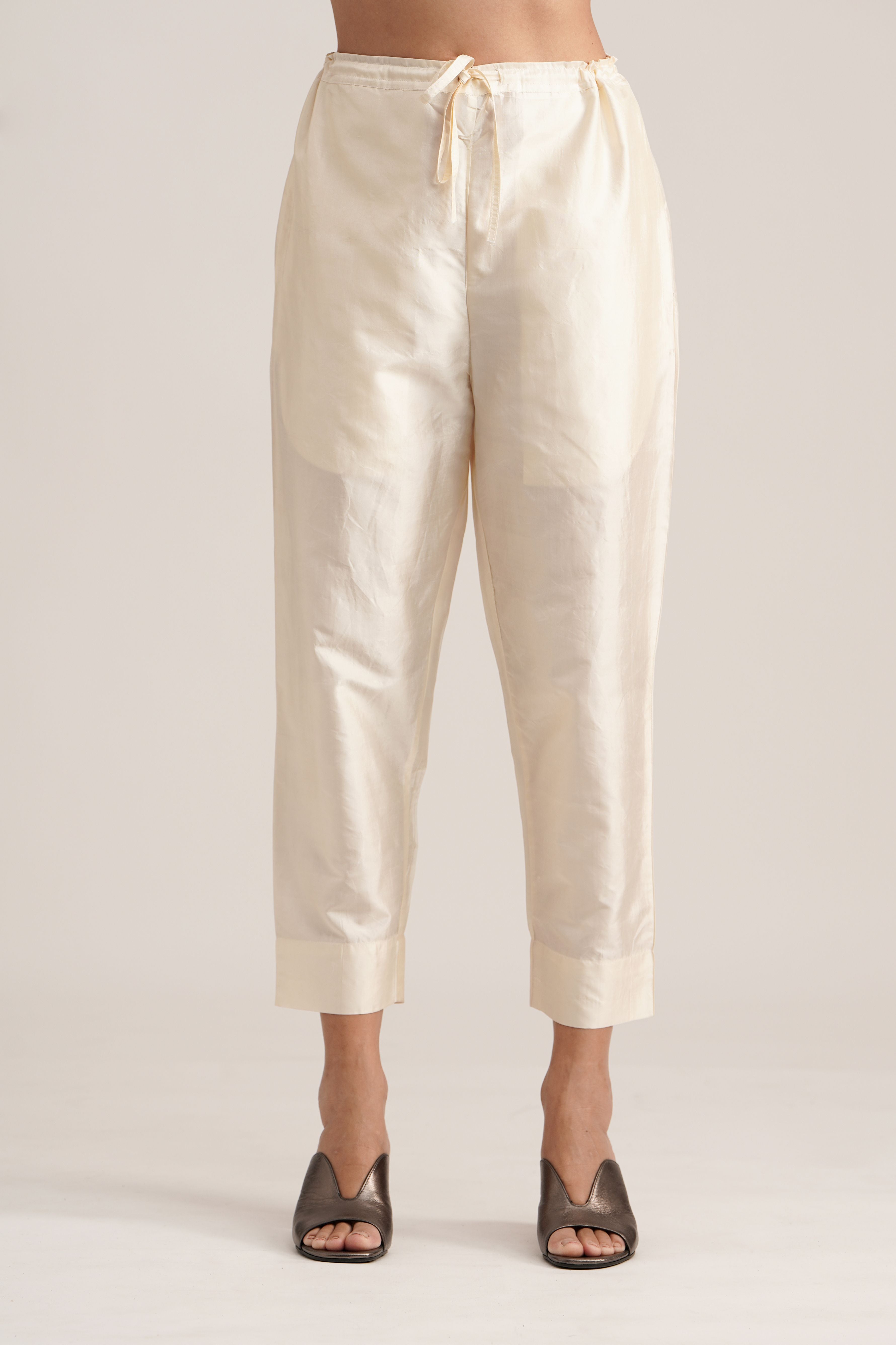 WHITE SILK STRAIGHT PANTS