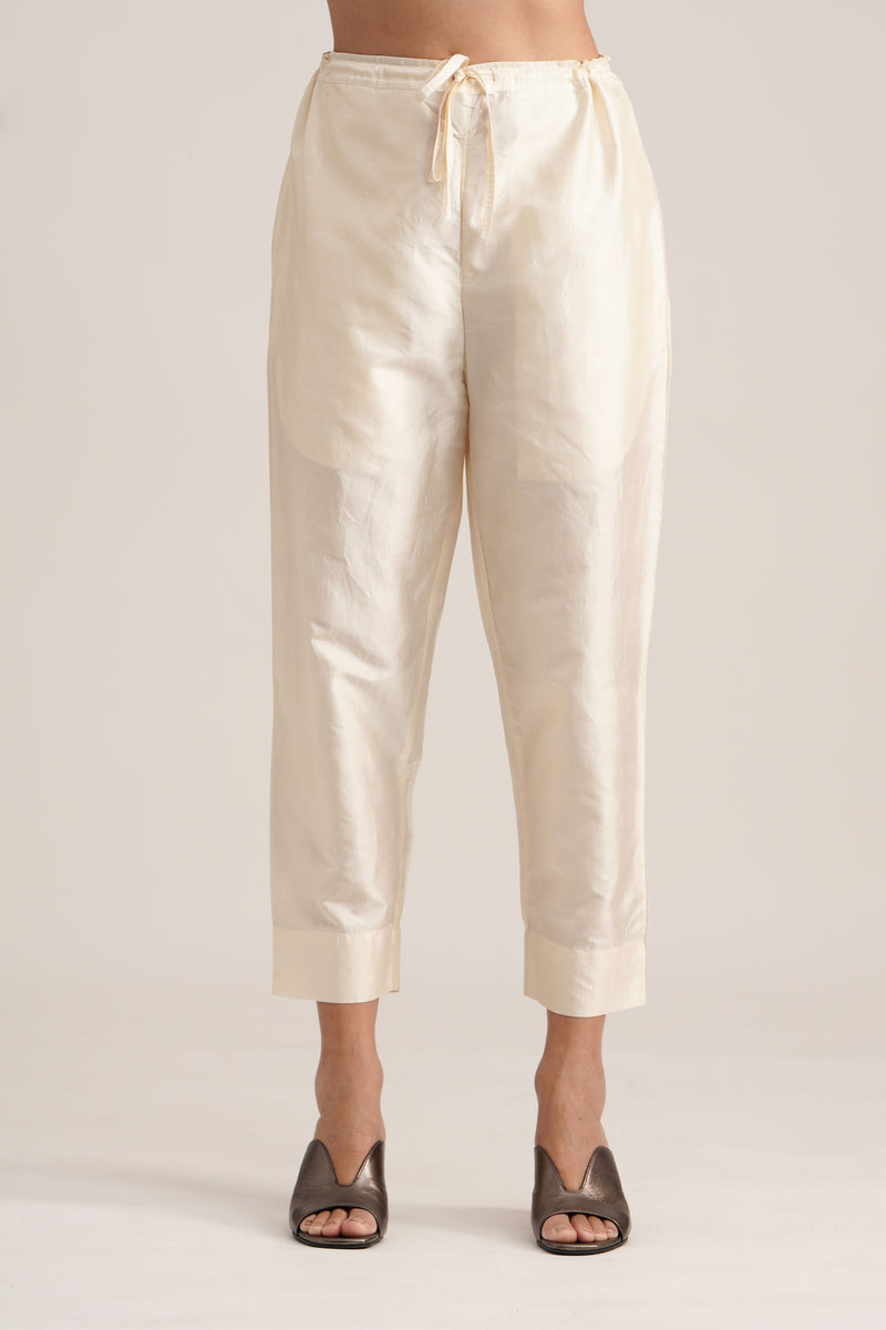 WHITE SILK STRAIGHT PANTS