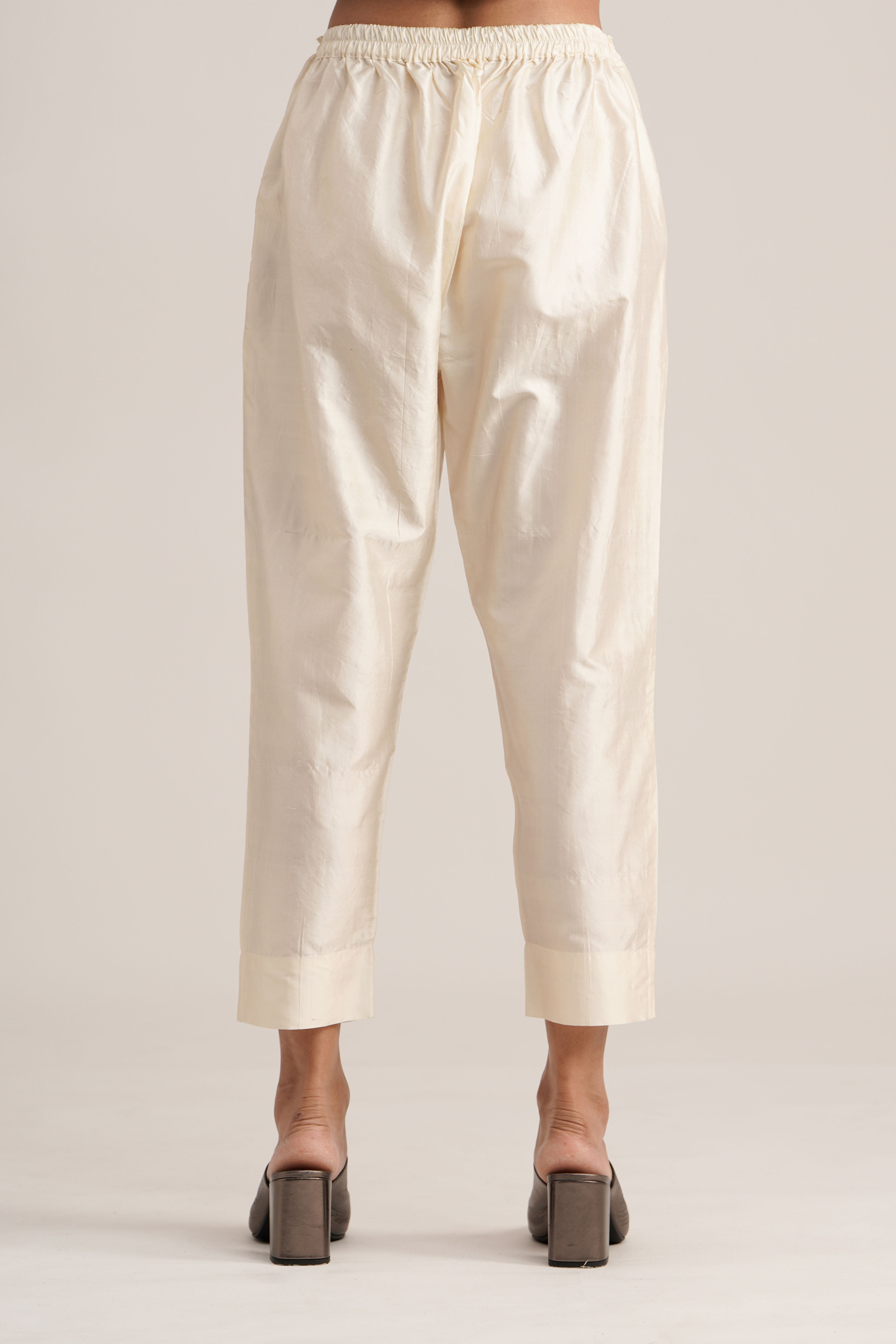 WHITE SILK STRAIGHT PANTS