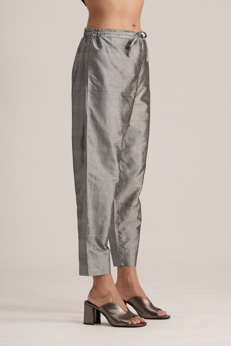 GREY SILK STRAIGHT PANTS