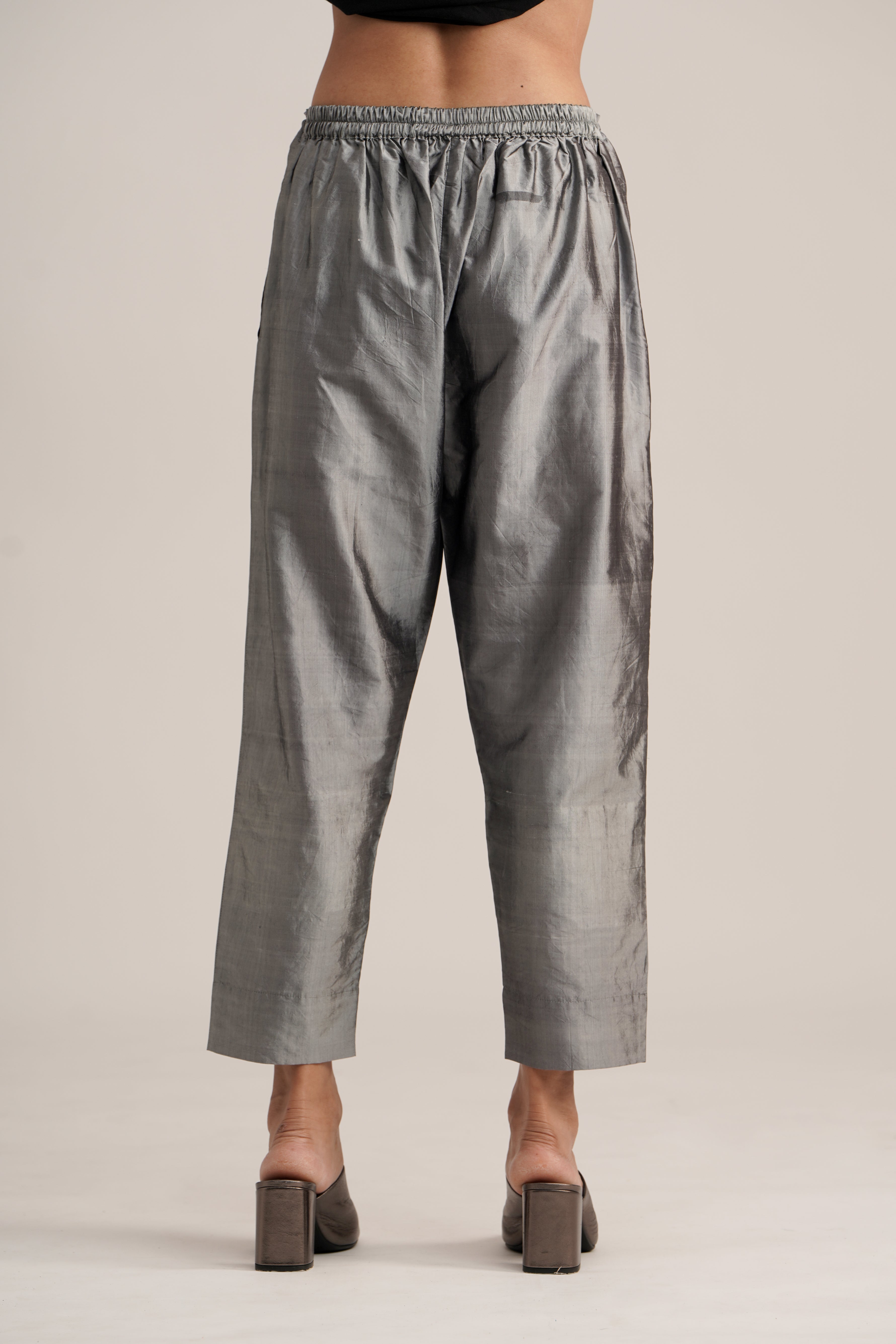 GREY SILK STRAIGHT PANTS