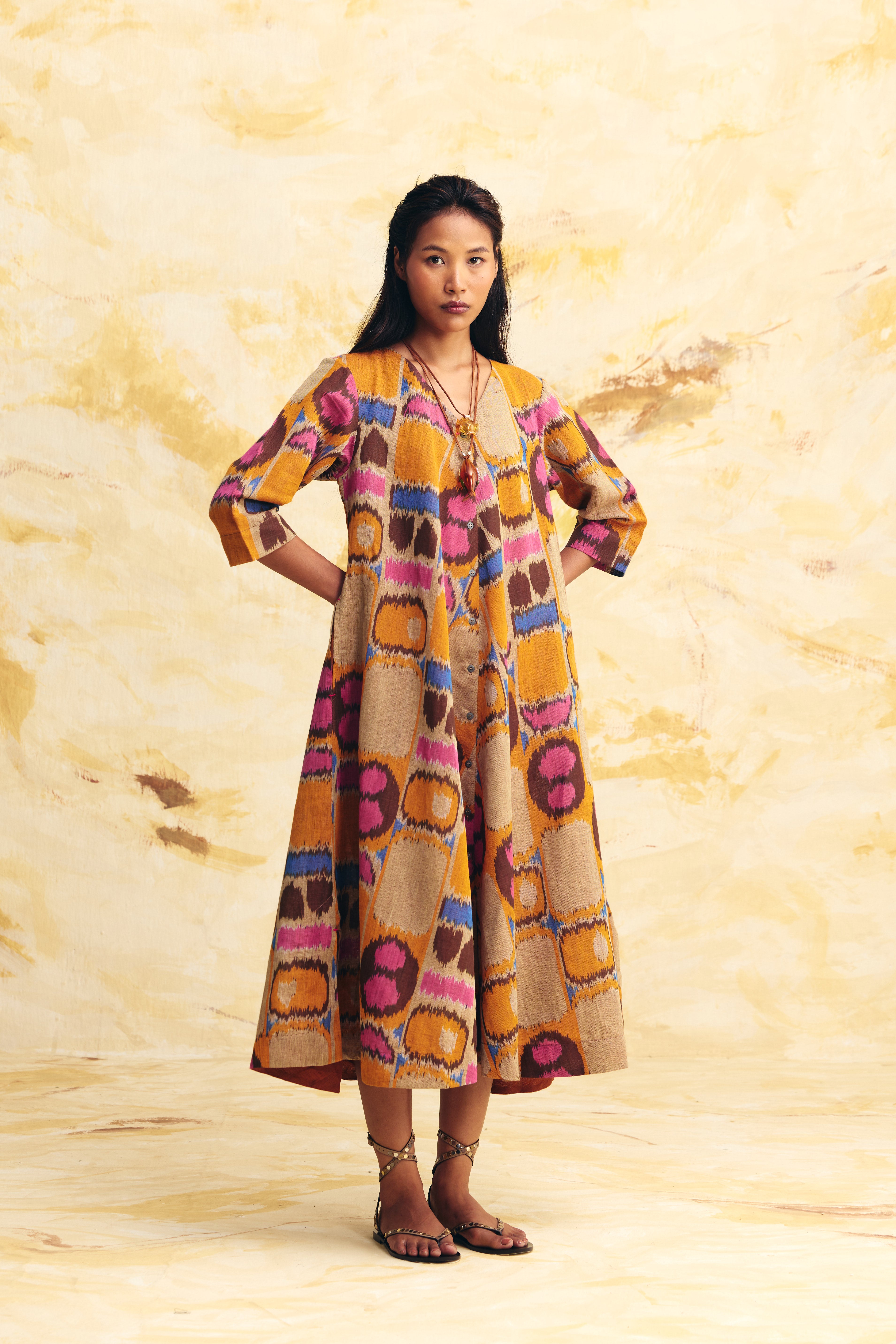 SUNFLARE LINEN BIAS BUTTON DRESS