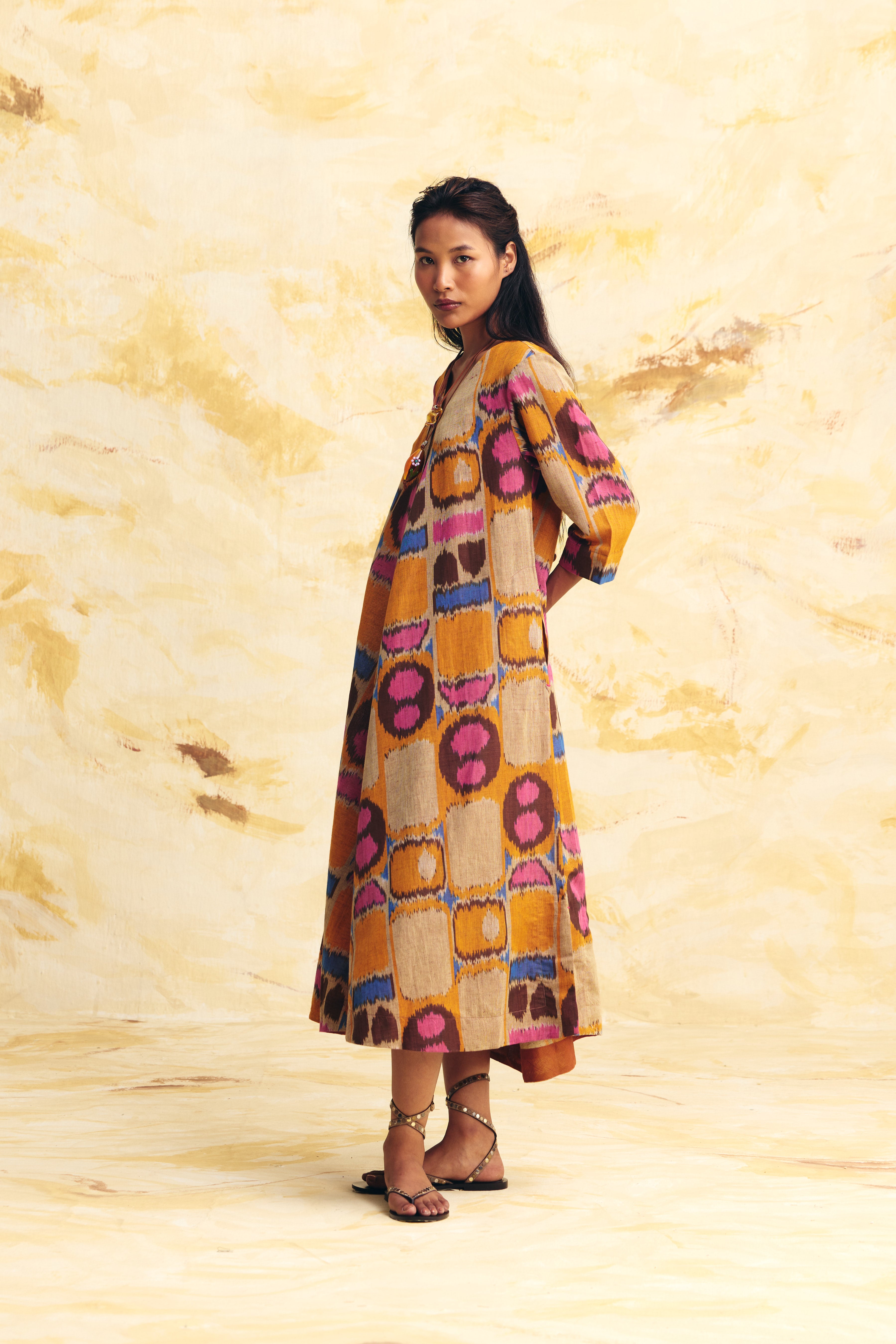 SUNFLARE LINEN BIAS BUTTON DRESS