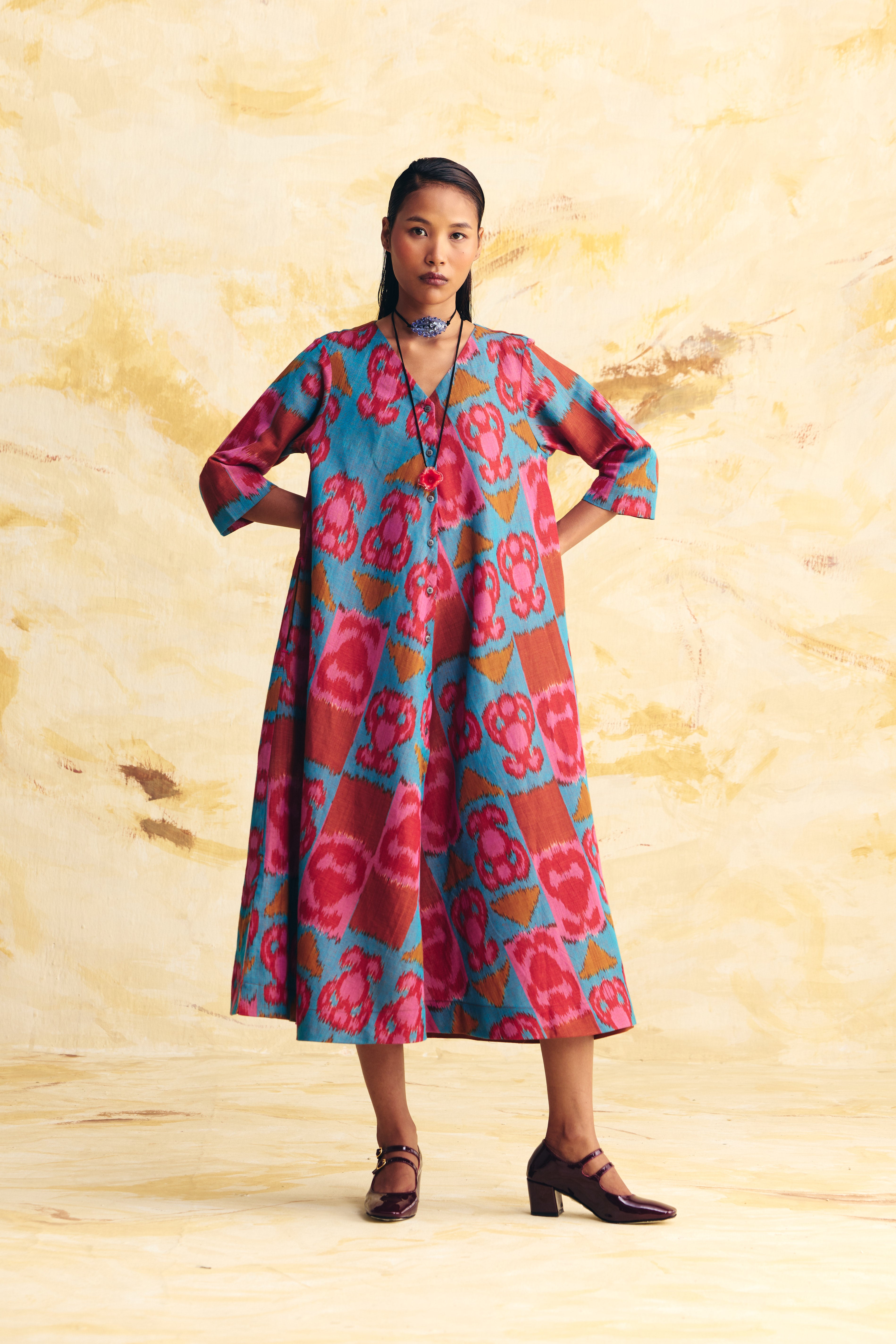 INERTIA LINEN BIAS BUTTON DRESS