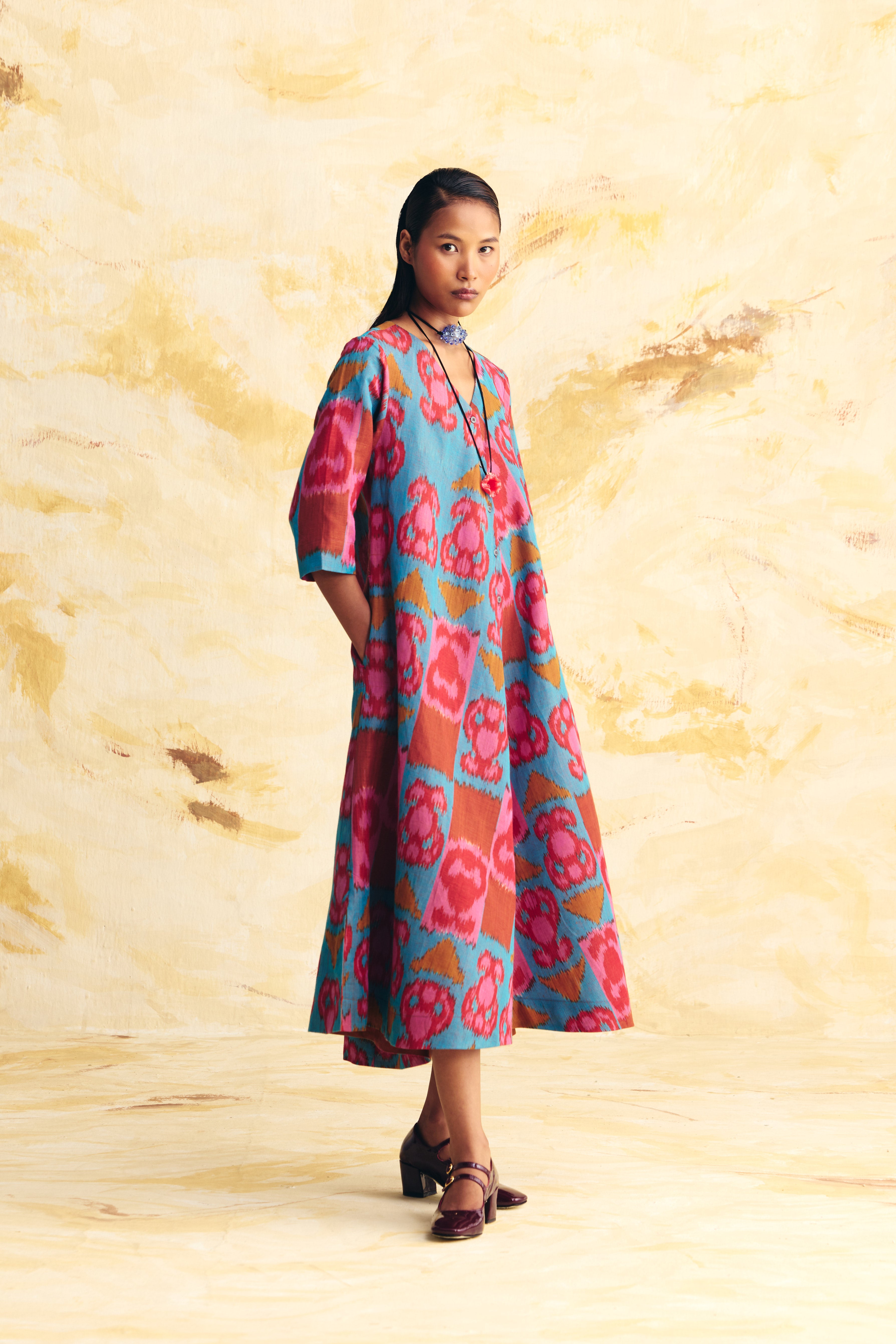 INERTIA LINEN BIAS BUTTON DRESS