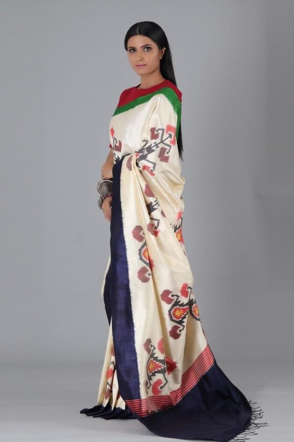 Off White Flower Uzbek Silk Saree
