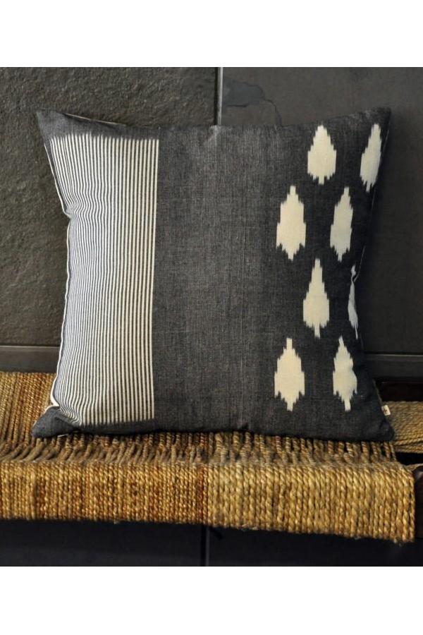 Grey White Leaf & Stripes Cushion Cover