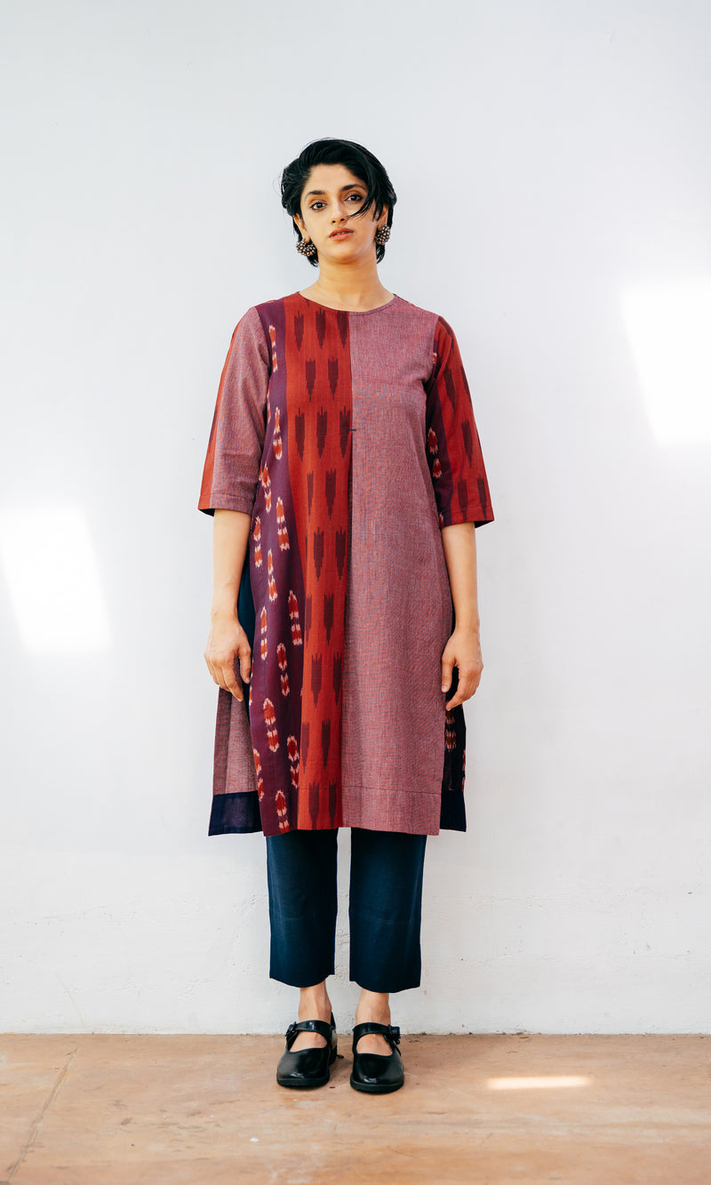 Ikat pleated red cotton top