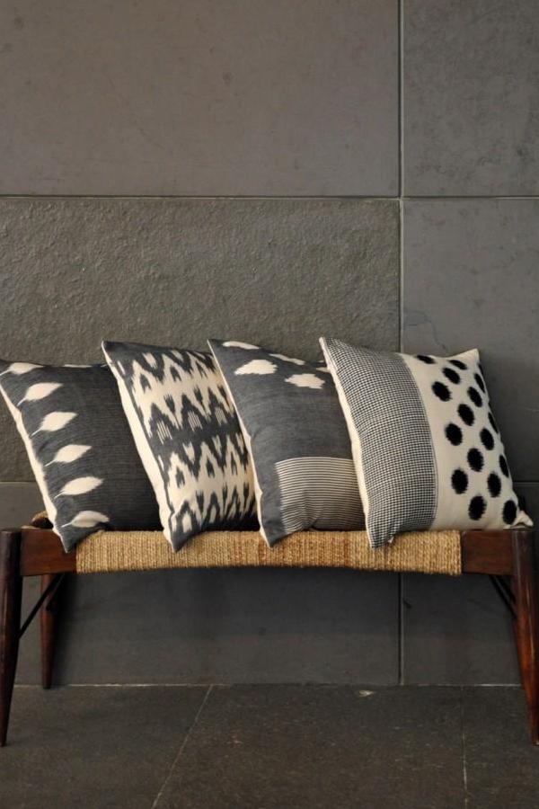 Grey White Leaf & Checks Cushion Cover