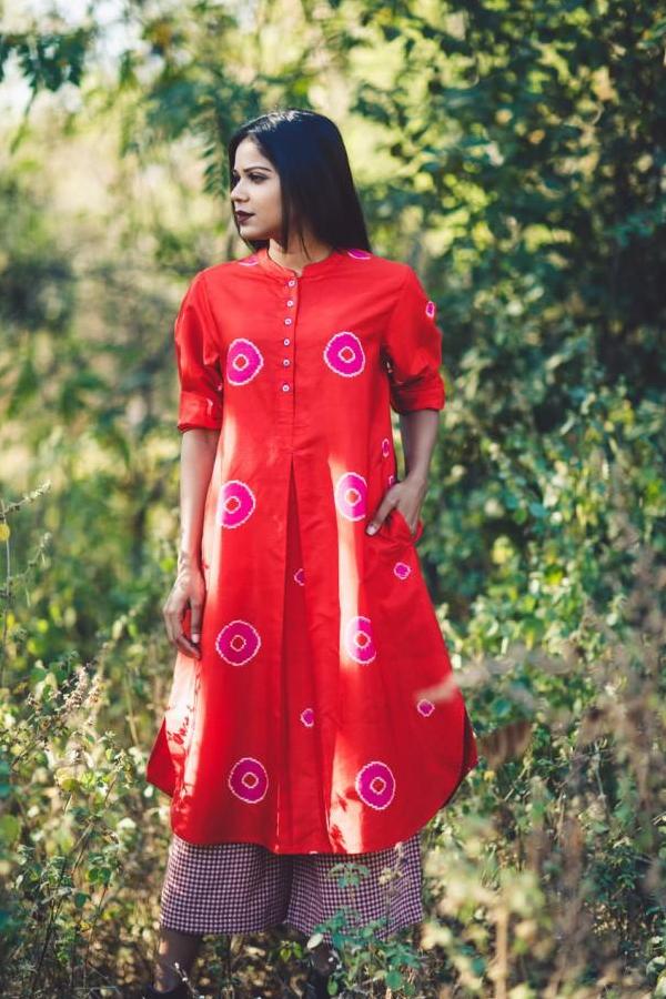 Red With Pink Polka  Long Silk Dress