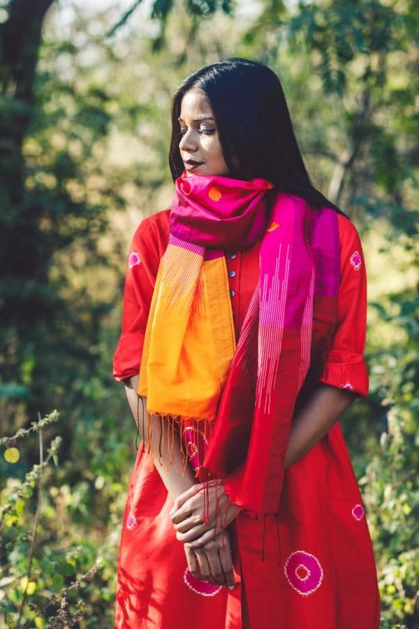 Pink Yellow Polka Silk Stole