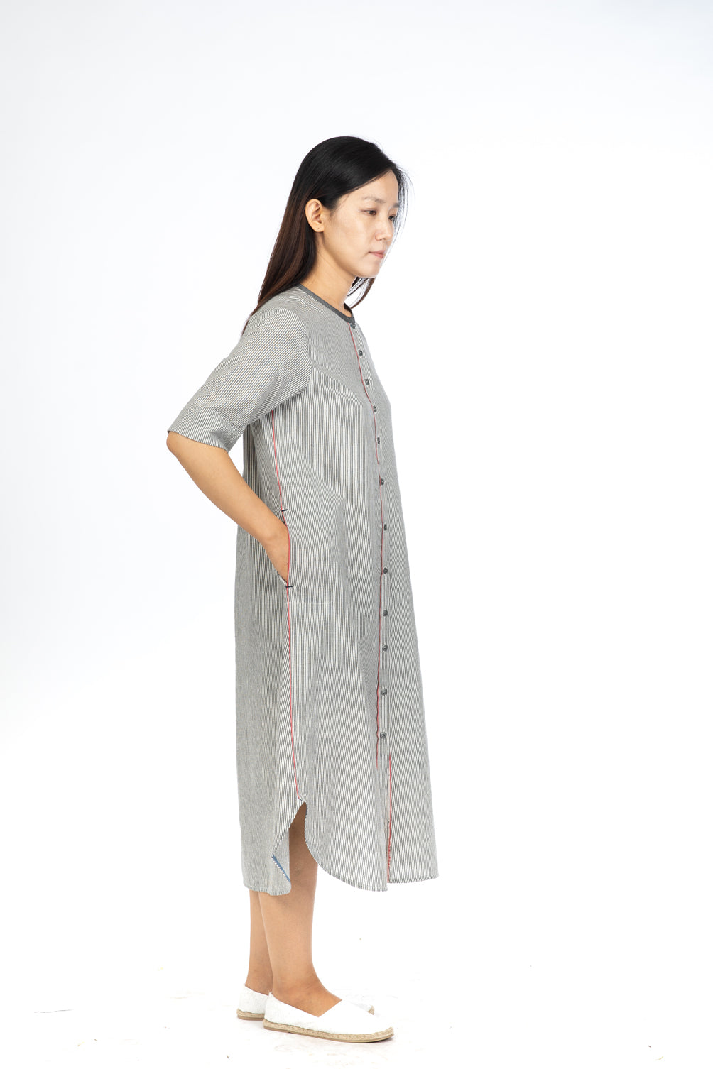 Grey Chambray Stripes Open Long Dress