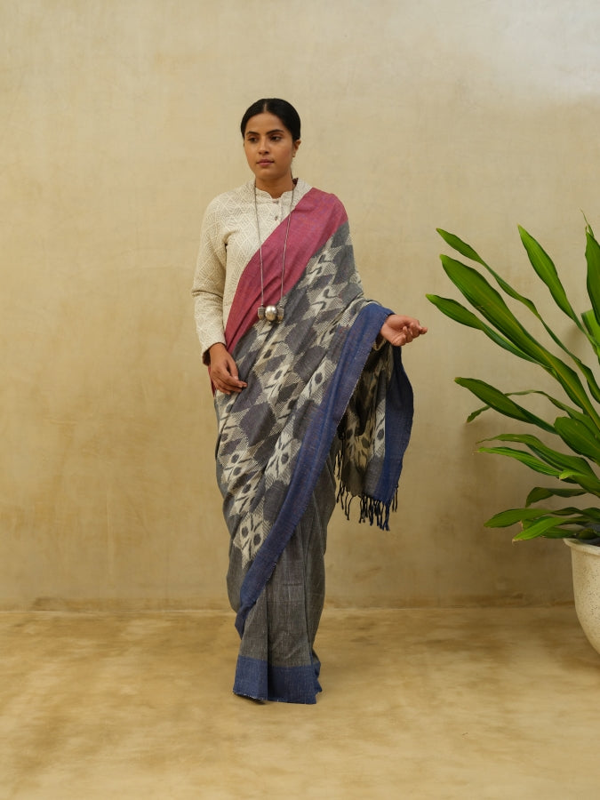 Grey Big Flower Cotton Saree