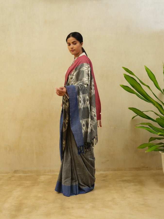 Grey Big Flower Cotton Saree