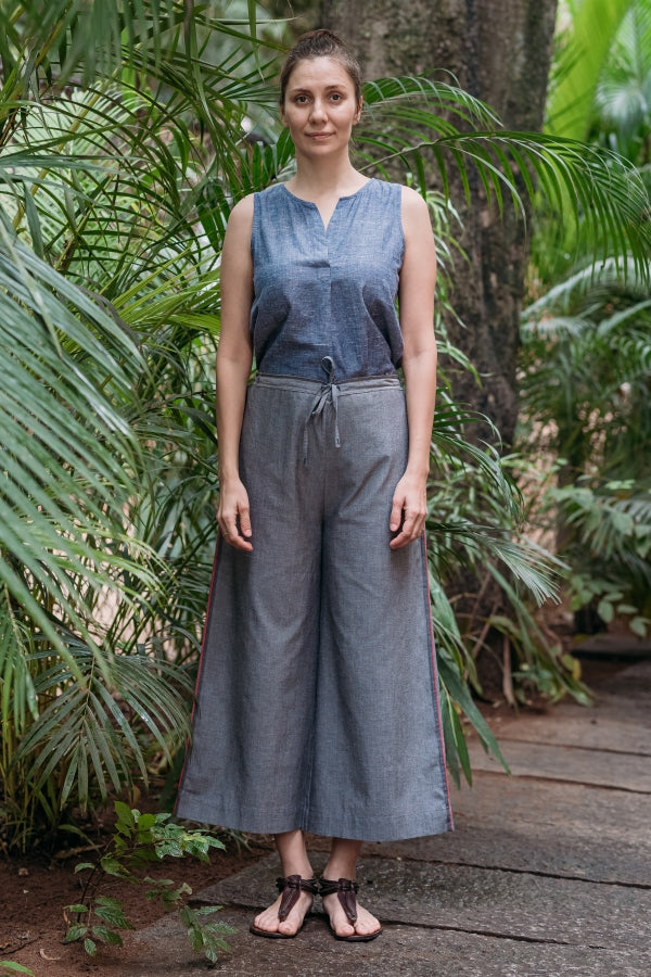 Grey Chambray Wide Leg Trouser