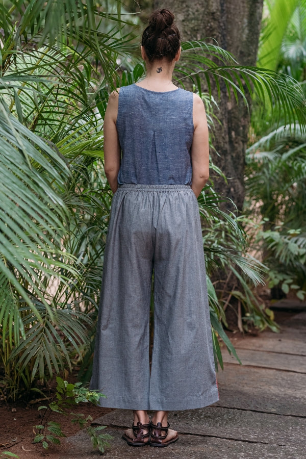 Grey Chambray Wide Leg Trouser