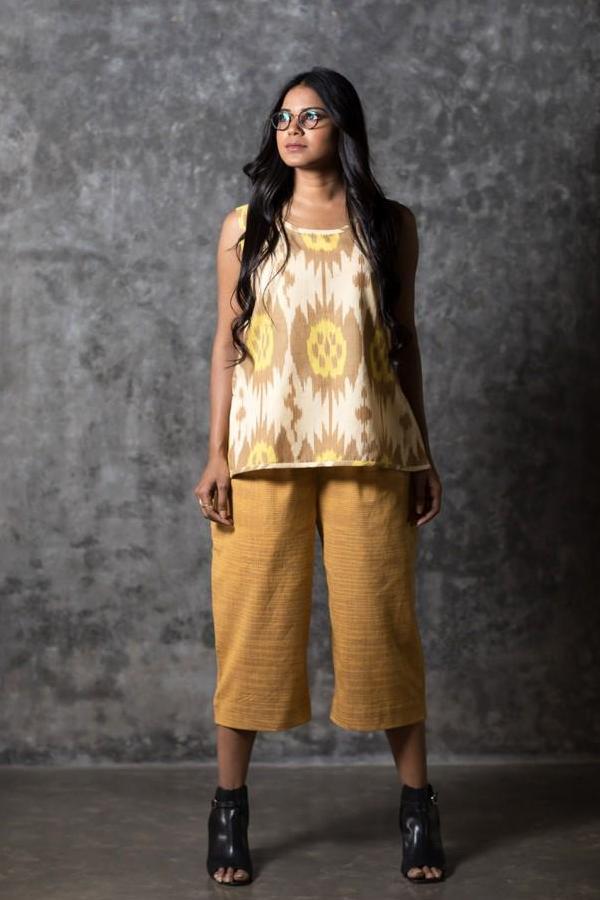 Yellow Brown Buds & Dots Sleeveless Top