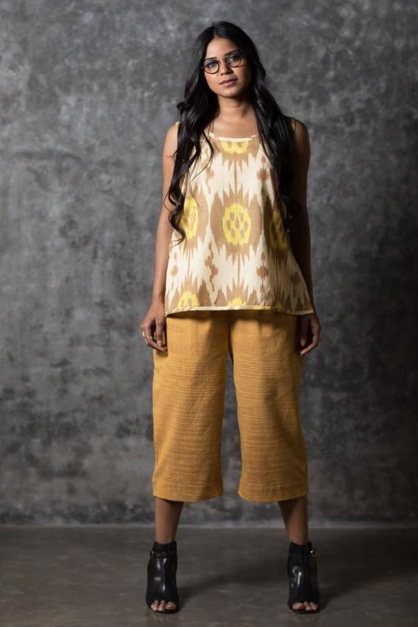 Yellow Brown Buds & Dots Sleeveless Top